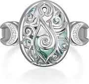 [SVODEA] Moss Agate Ring Sterling Silver Moon Phase Agate Open Ring Moss Agate Jewelry Gifts for Women Girls, Sterling Silver, moss agate