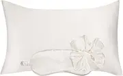 KISMETICS - Vegan Silk Sleep Set, Silky Pillowcase with Large Scrunchie and Eye Mask for Hair and Skin, Self Care Essential Satin Night Routine Kit (Cream Color)