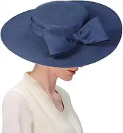 [HIMESPORT] Wide Brim Hats for Women Big Bowknot Formal Occasion Kentucky Cap Lady Wedding Cocktail Party Flat Top Fedoras