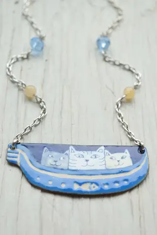 Enamel Necklace, Cat Necklace, Venice Cat, Gondola, Enamel Jewelry, Lovers,