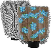 Wash Mitts for Car Washing Absorbent Chenille Microfiber Blue Flowers Wooden Brown Auto Cleaning Supplies Scrub Pad Scratch Free, Medium x 2 Pack