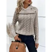 Women's Sweater Pullover Sweater Jumper Casual Soft Pure Color Ribbed Turtleneck Buttons Knitted Long Sleeve Regular Tops Knit Outdoor Daily Weekend Wine Khaki