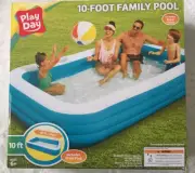 Play Day Inflatable 10Ft Long Family Pool, Includes Patch Repair and Plug Drain