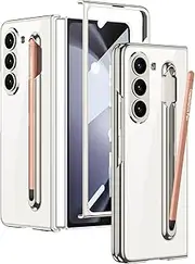 Transparent Case with S Pen Holder & S Pen for Samsung Galaxy Z Fold 5, Crystal Clear Coating Case with Screen Protector, Luxurious Shockproof Anti-Scratch Case (Silver + Pink Pen)