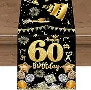 Happy 60th Birthday Decorations for Women Men,60th Birthday Party Supplies Black Gold Table Runner Vintage Party Table Decor Celebrate Anniversary Non-Slip Kitchen Dining Table Linen Cloth Decorations