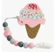 Silicone Baby Teether, Pink Ice Cream Cone with Beaded Pacifier Clip