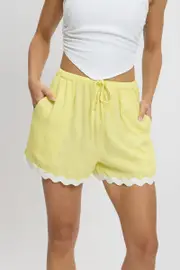 Yellow Shorts Elasticated Waist Ric Rac - Size 10, Women's Shorts