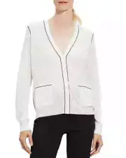 Theory Outline Silk Cardigan Women's M White/Black Patch Pocket Button Front L/S