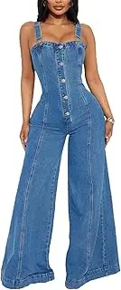 [GHAKKE] 2024 Womens Sexy Metal Button Down Denim Jumpsuit Adjustable Strap Vintage Wide Leg Long Pants Bib Overalls Streetwear