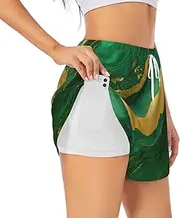 [WURTON] Black and Gold Geometric Print Exercise Gym Workout Shorts Women's Athletic Shorts Dual-Layered Yoga Running Shorts