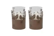 2x Willow & Silk Metal Glass 17cm Rustic Bird Home/Room Decor Candle Holders