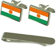 [Select Gifts] Niger Flag Silver Cufflinks Tie Clip Box Gift Set