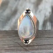 Boho Style Silver Plated Egg Shape Moonstone Ring Size 10