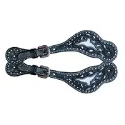 Western Black Leather Shaped Set of Spur Strap with Bull Head Cut Out