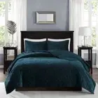 NEW! ~ MODERN CHIC ULTRA SOFT GEOMETRIC BLUE GREEN TEAL LUXURY VELVET QUILT SET