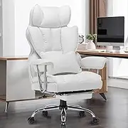 EFOMAO Big and Tall Office Chair 400lbs, PU Leather Executive Desk Chair with Lumbar Support and Leg Rest, Ergonomic Gaming Computer Chair for Home Office, White