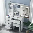 LED Lighted Vanity Desk Set Dressing Table White Makeup Desk with Mirror Stool