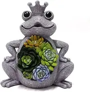 Tiemahun Garden Statues Frog Figurine - Adorable Animal Resin Succulent Plants with Solar Powered 4-LED Lights for Halloween, Patio, Lawn, Yard Porch Art Decoration, Ornaments Gift (Crown)