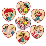 6Pcs Valentine's Day Ceramic Coasters with Metal Holder Vintage Drink Coasters