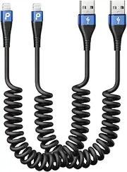 iPhone Charger Cable for Car 3FT, 2Pack Coiled Lightning Cable, [Apple MFi Certified] Retractable Charging Cord Compatible with iPhone 14/13/12/11 Pro Max/XS MAX/XR/XS/8/iPad/iPod/CarPlay-Blue