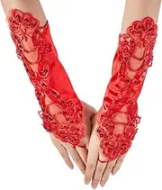 [GORGECRAFT] 2Pcs Fingerless Lace Gloves 28cm Long Floral Wedding Bridal Dress Gloves Opera 1920s Party Sequins Lolita Glove Prom Arm Warmers Sleeves for Women Ladies Brides Party Dress Driving Red,