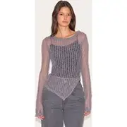 Charcoal Ladder Knit Sheer Asymmetric Hem Top, Charcoal