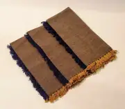 Set of 3 Pottery Barn 100% Cotton Cloth Dinner Napkins Blue & Gold Fringe India