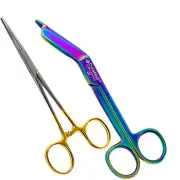 Set Of 2 Bandage Scissor 5.5 Rainbow And Hemostat 5.5 Gold Stainless Steel Color