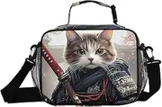 Sword Cat Samurai Insulated Lunch Box for Women Men - Ideal for Work, Picnics - Includes Adjustable Shoulder Strap