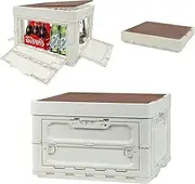 [POCHY] Folding Storage Box with Wooden Cover,Outdoor Storage Box,Plastic Storage Bins,Multi Function Box for Camping,Snacks,Bottles,College Dorm Room Essentials,Office,Outdoor,Indoor