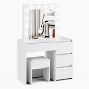 Advwin Dressing Table Stool Set with 12 LED Adjustable Bulbs 3 Drawers White
