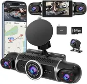 Dash Cam 360° Front and Rear View Car Camera 4 Channel FHD 4 * 1080P, Inside/Back 170°+2x150°+170° Wide Angle, 8 IR Lamps Night Vision, 5G WiFi, GPS, APP, G-Sensor with 64GB Card,24/7 Parking Mode