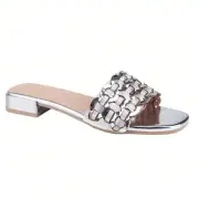 Women's Bling Rhinestone Square Flat Sandals, Crystal Satin Glitter Mules Slippe