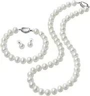 [CICILIYA] Freshwater Pearl Strand Necklace Set Include Bracelet and Stud Earrings in Leather Gift Box for Women