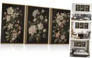 Black Botanical Wall Art Set of 3 Vintage Floral Wall 24L" x 16W" Floral Art