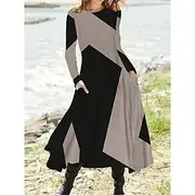 Women's Midi Dress Work Dress Casual Dress Winter Dress Fashion Formal Winter Dress Party Pocket Print Crew Neck Long Sleeve Color Block Regular Fit Black Red