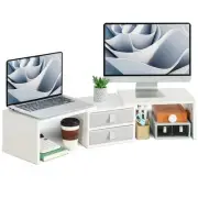 Dual Monitor Stand Riser with 2 Drawers - Length and Angle Adjustable White M...