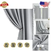 Versatile 63" Grey Pom Pom Curtains - Perfect Half Blackout Drapes for Kids Room