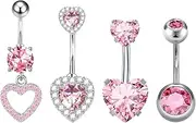 [JZTRADING] 4Pcs Belly Button Bars Sterling Silver 10mm Pink Heart Belly Bars Ring CZ Navel Piercing Jewelry For Womens Girls