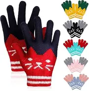 [COSMEVIVI] Acrylic Fiber Knit Gloves for Kids 6 Pairs Winter Warm Mittens Kitten Pattern Toddler Gloves