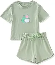 [IZYJOY] Girl's Summer Kawaii Frog Graphic Aesthetic Pullover T-Shirt Short Sleeve Tee Top and Shorts Set Kids 2 Piece Outfits