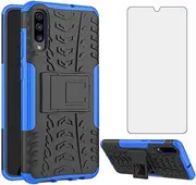 Phone Case for Samsung Galaxy A70 with Tempered Glass Screen Protector Cover and Stand Hard Rugged Hybrid Heavy Duty Protective Cell Accessories Glaxay A70S A 70 Gaxaly 70A S70 Cases Women Men Blue