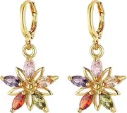 [HZMAN] 14K Gold Plated Sterling Silver Crystal Flower Earrings for Women Cubic Zirconia Drop Dangle Earring Fashion Earring Jewelry Gift