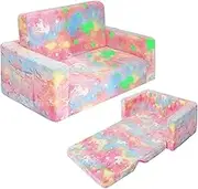 Kids Couch, Fold Out Kids Sofa Chair, Toddler Convertible Sofa to Lounger Pull Out Couch, Glow in The Dark Sofa Chair for Boys and Girls (Pink, Large)
