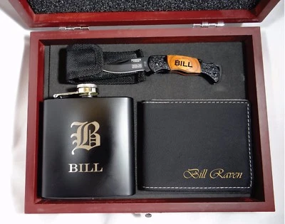 5 Personalized Custom Gift Set, Engraved Flask, Kife, Wallet, Groomsmen Wedding