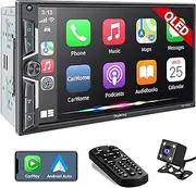 SJoyBring Wireless Double Din Car Stereo with Carplay, Android Auto, QLED Touchscreen, Bluetooth, 4-RCA, 60W*4 High Power, Subwoofer, 7" Car Radio Receiver, Backup Camera