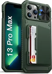 Vihibii for iPhone 13 Pro Max/iPhone 12 Pro Max Wallet Case, Built-in Card Holder (4 Cards), [RFID Blocking] & Slide Camera Cover, Military Grade Drop Protection, Silicone Soft Edge Phone Case, Green