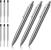 Ballpoint Pens, CHAOQ 3 Pcs Stainless Steel Retractable Silver Metal Pen for Business Office Christmas, 1.0mm Medium Point Black Ink, with 6 Extra Refills