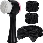 Beomeen Facial Cleansing Brush 2 in 1, Silicone Face Scrubber Dual Face Brush for Deep Pore Cleansing and Exfoliating, Skincare Headband and Wristbands Set for Washing Face, Massaging Spa Makeup,Black