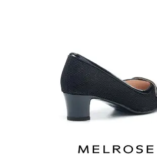 【MELROSE】美樂斯 高雅珍珠繫帶亮蔥布拼接牛漆皮尖頭高跟鞋(黑)